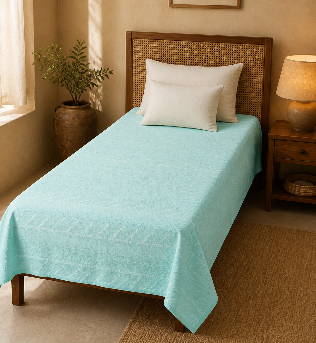 Premium Handloom Pastel Teal Ocean Mint Bedsheet — Warm-room styling view