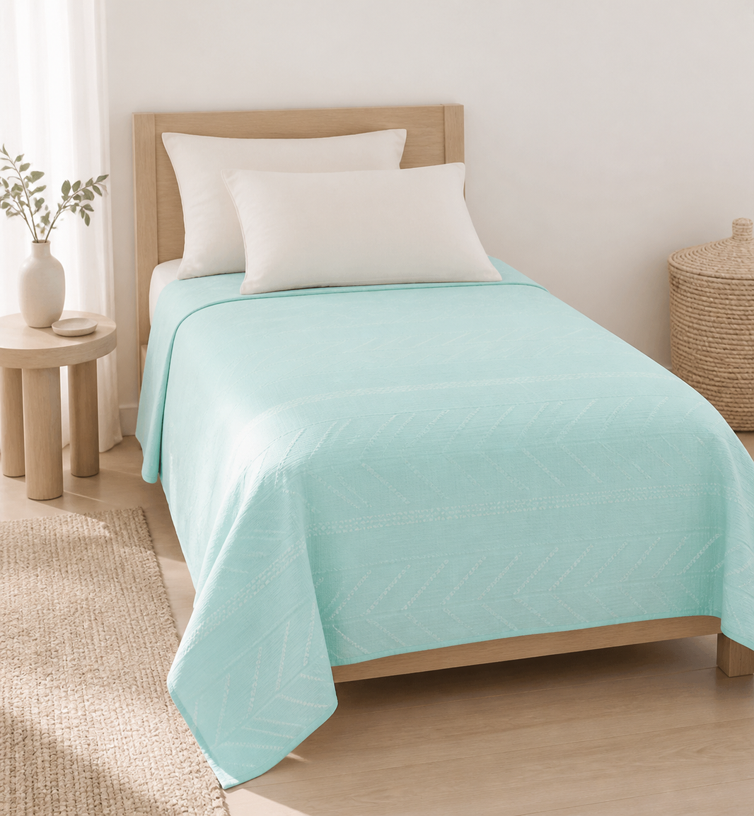 Premium Handloom Pastel Teal Ocean Mint Bedsheet — Bright-room styling view
