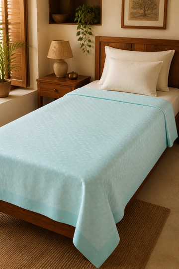 Premium Handloom Pastel Teal Polka Chennimalai Bedsheet — Warm-room styling view