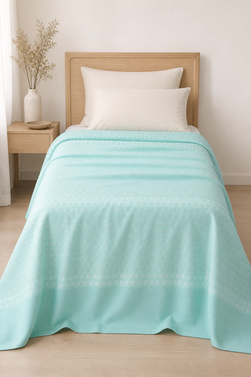 Premium Handloom Pastel Teal Polka Chennimalai Bedsheet — Bright-room styling view