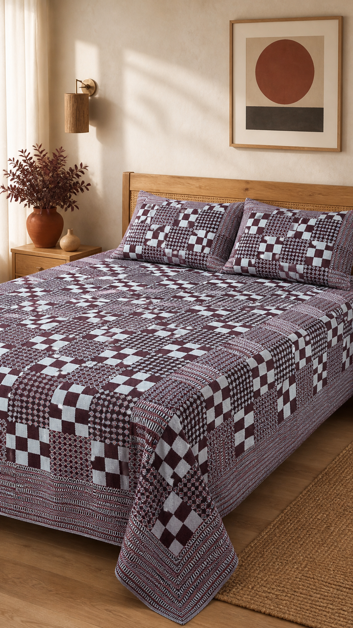 Premium Handloom Royal Checkmate King Size Chennimalai Bedsheet - Sky blue — Warm-room styling view