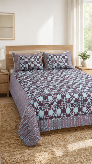 Premium Handloom Royal Checkmate King Size Chennimalai Bedsheet - Sky blue — Bright-room styling view