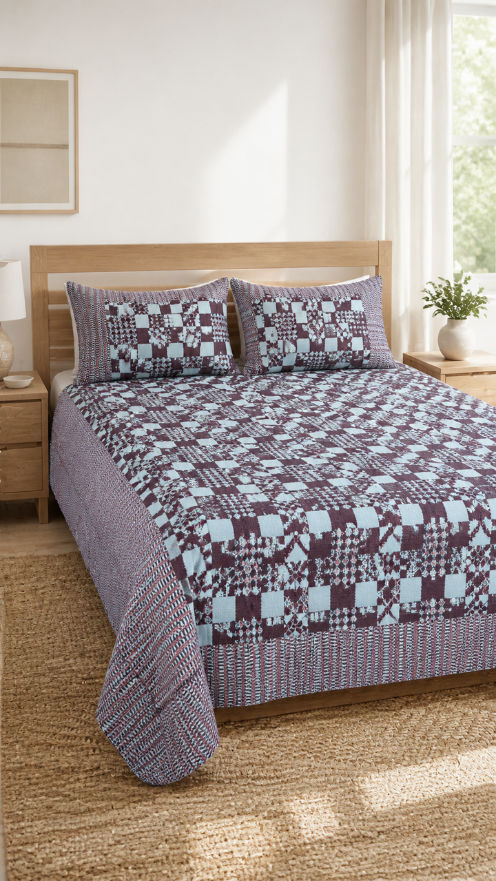 Premium Handloom Royal Checkmate King Size Chennimalai Bedsheet - Sky blue — Bright-room styling view