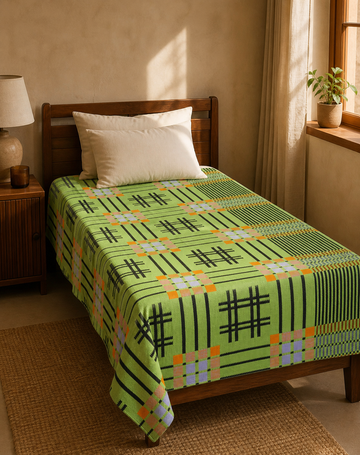 Premium Handloom Royal Green Chennimalai Bedsheet — Warm-room styling view