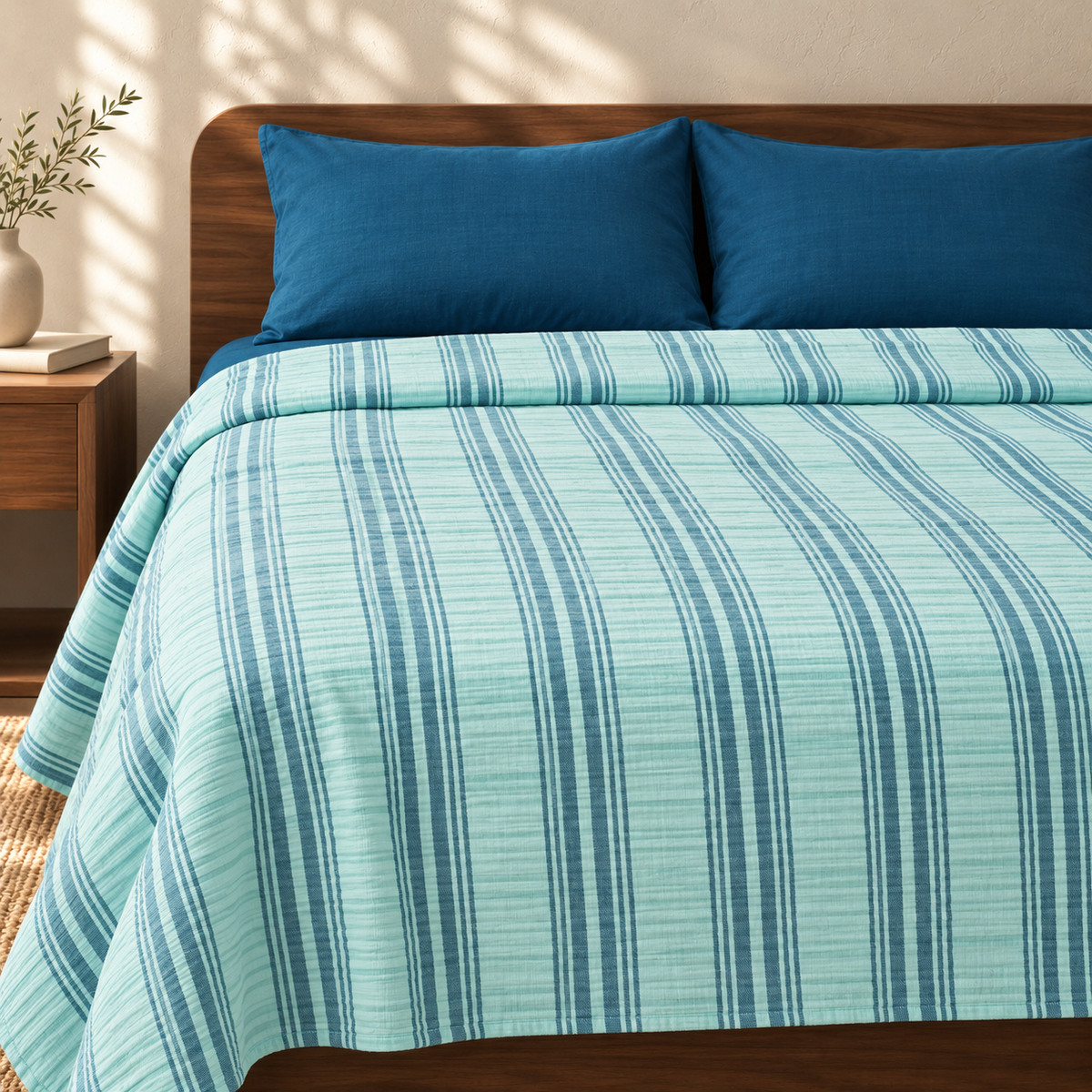 Premium handloom stripe emboss Chennimalai King Size Bedspread -  Sky Blue with matching pillow covers, square bedroom photograph