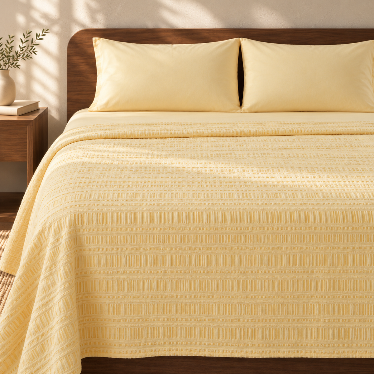 Premium handloom stripe emboss Chennimalai Super King Size Bedspread - Cream with matching pillow covers, square bedroom photograph