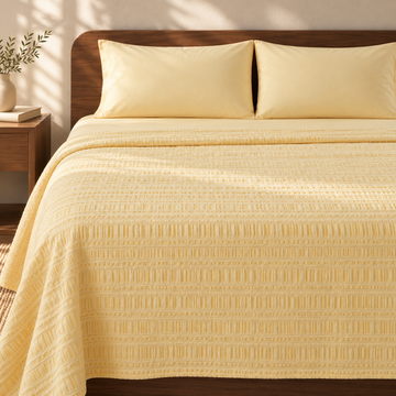 Premium handloom stripe emboss Chennimalai Super King Size Bedspread - Cream with matching pillow covers, square bedroom photograph