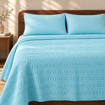 Premium handloom stripe emboss Chennimalai Super King Size Bedspread - Sea Breeze with matching pillow covers, square bedroom photograph
