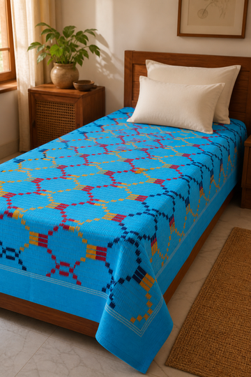 Premium Handloom Vintage Pattern Chennimalai Bedsheet - Light Blue with Yellow