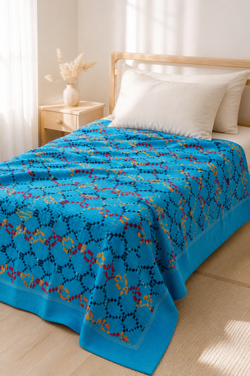 Premium Handloom Vintage Pattern Chennimalai Bedsheet - Light Blue with Yellow