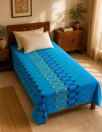 Premium Handloom Vintage Pattern Chennimalai Bedsheet - Light Blue with Yellow Green