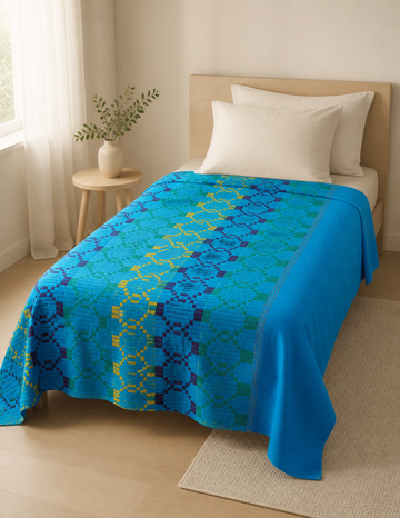 Premium Handloom Vintage Pattern Chennimalai Bedsheet - Light Blue with Yellow Green
