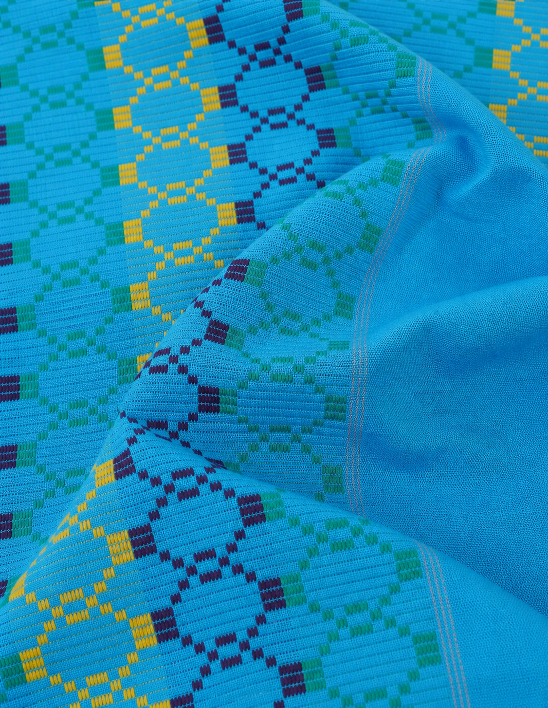Premium Handloom Vintage Pattern Chennimalai Bedsheet - Light Blue with Yellow Green