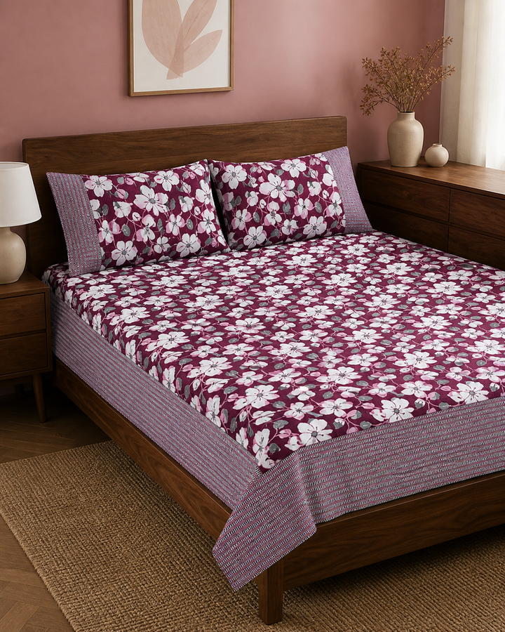 Premium Handloom Maroon floral King Size Chennimalai bedsheet — Warm-room styling view