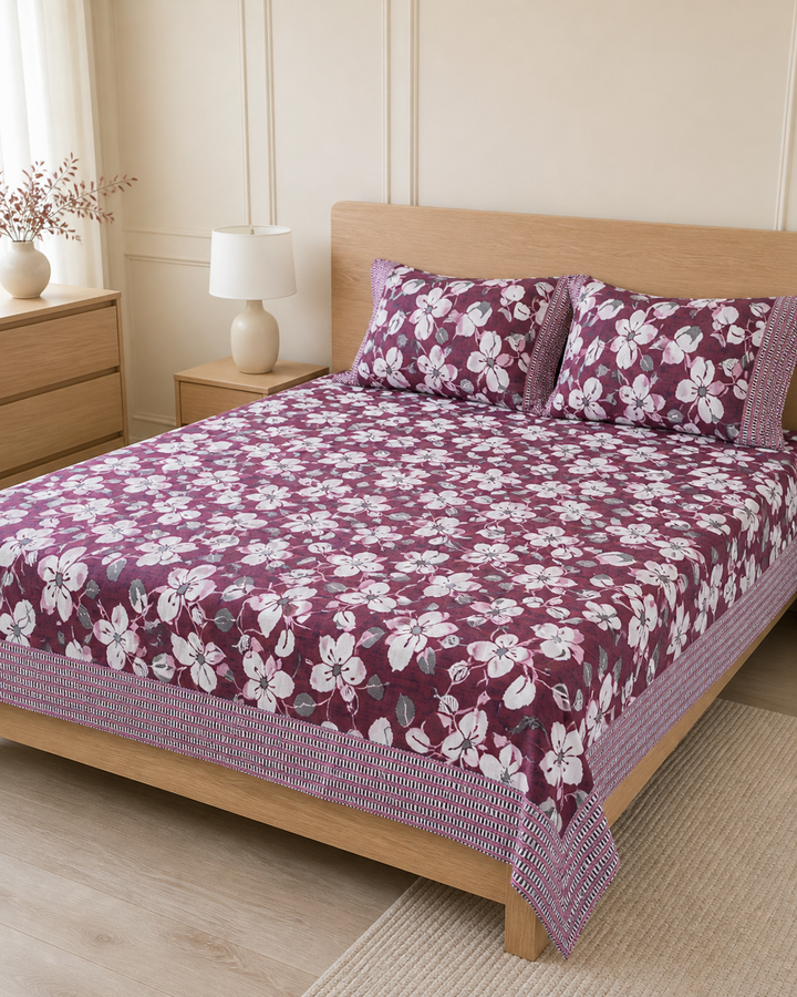 Premium Handloom Maroon floral King Size Chennimalai bedsheet — Bright-room styling view