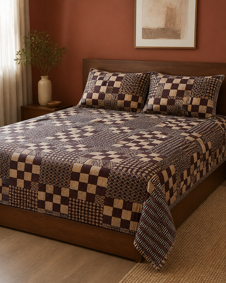 Premium Handloom Royal Checkmate King Size Chennimalai Bedsheet — Warm-room styling view