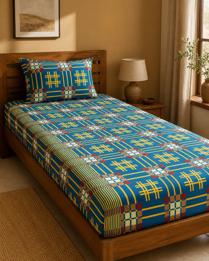 Premium Handloom Royal Teal Chennimalai Bedsheet — Warm-room styling view