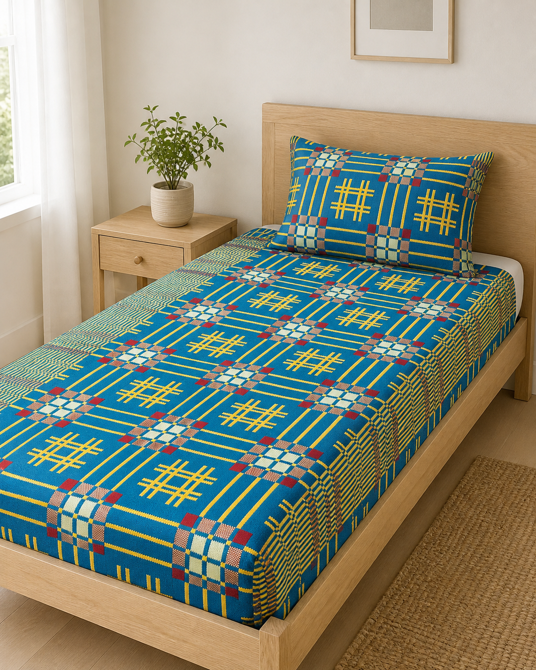 Premium Handloom Royal Teal Chennimalai Bedsheet — Bright-room styling view