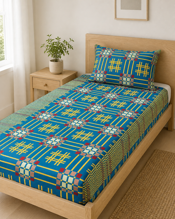 Premium Handloom Royal Teal Chennimalai Bedsheet — Bright-room styling view