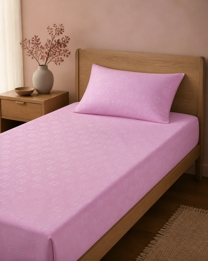Premium Handloom Soft Rose geometric Chennimalai bedsheet — Warm-room styling view