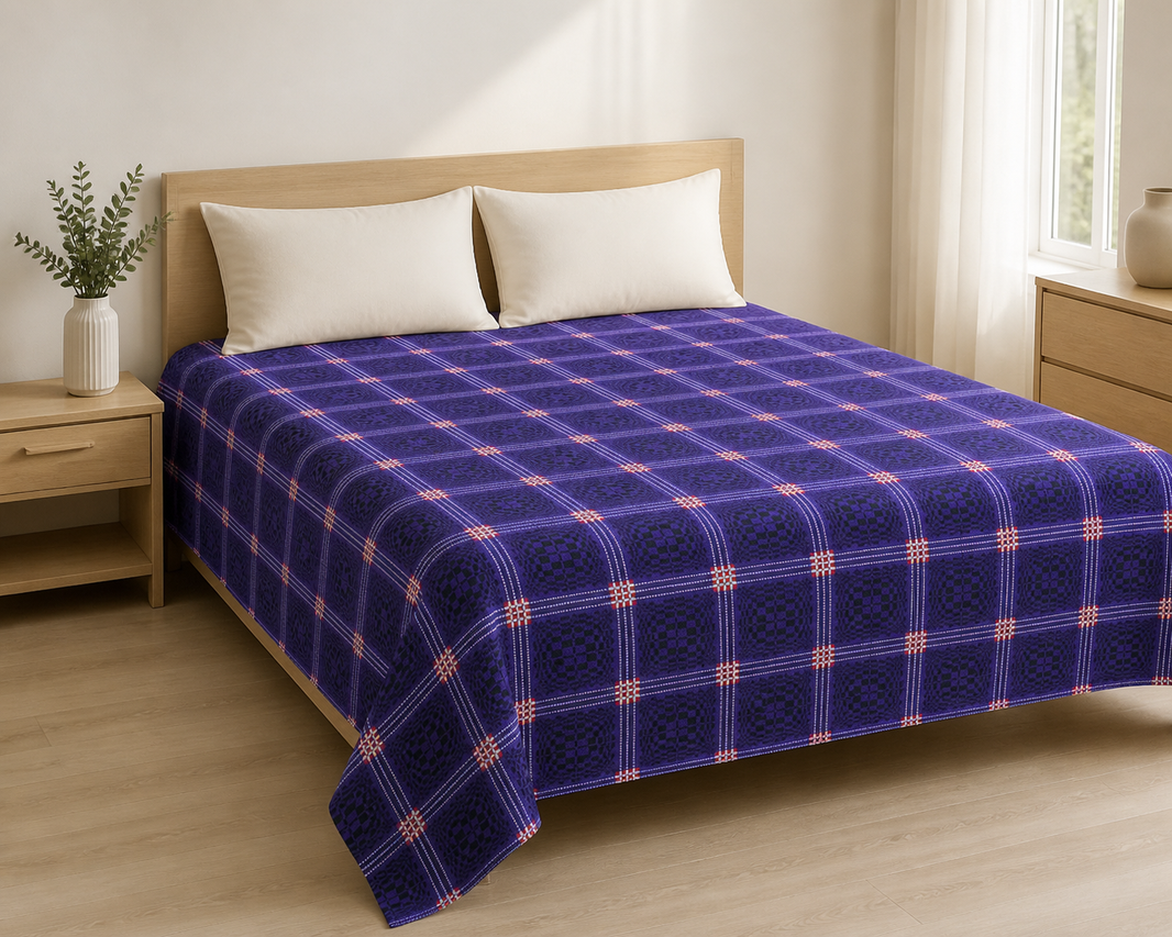 Purple Nadhiya Chennimalai Bedsheet — Bright-room styling view