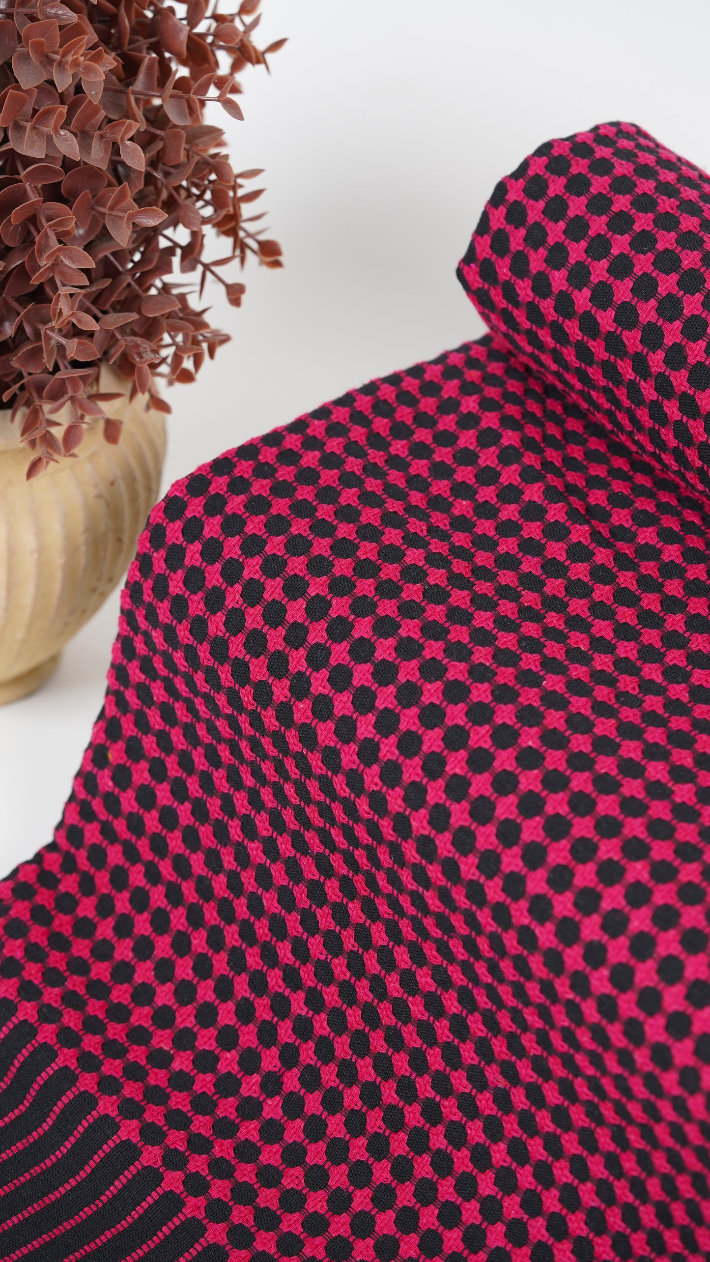 Close-up of a red and black checkered fabric with a plant in the background