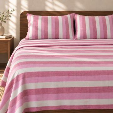 Super Soft Handloom Chennimalai King Size Bedspread Dual-Tone Rose Pink with matching pillow covers, square bedroom photograph
