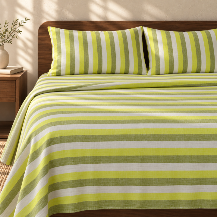 Super Soft Handloom Chennimalai King Size Bedspread Lime Green Striped with matching pillow covers, square bedroom photograph