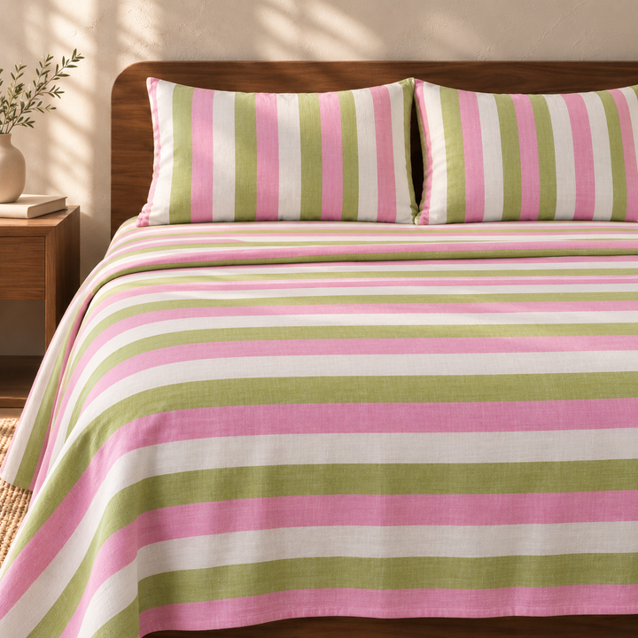 Super Soft Handloom Chennimalai King Size Bedspread Pink and Green with matching pillow covers, square bedroom photograph