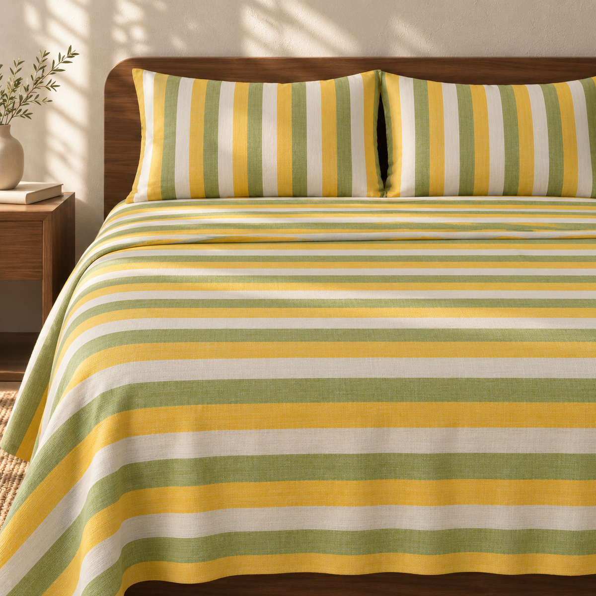 Super Soft Handloom Chennimalai King Size Bedspread Yellow and Green with matching pillow covers, square bedroom photograph