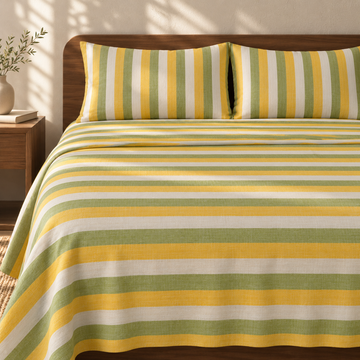 Super Soft Handloom Chennimalai King Size Bedspread Yellow and Green with matching pillow covers, square bedroom photograph