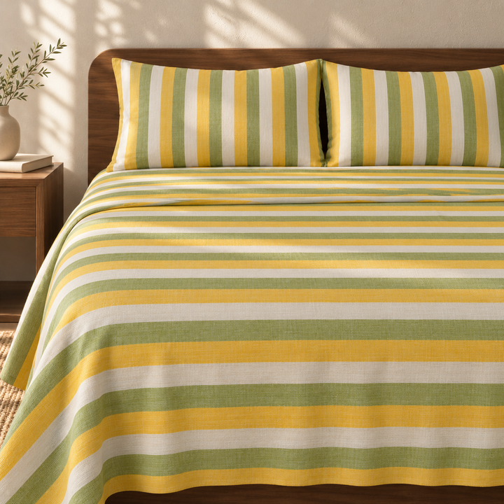 Super Soft Handloom Chennimalai King Size Bedspread Yellow and Green with matching pillow covers, square bedroom photograph
