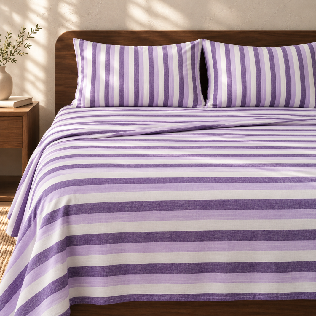 Super Soft Handloom Chennimalai King Size Bedspread Purple and Lavender Stripe with matching pillow covers, square bedroom photograph