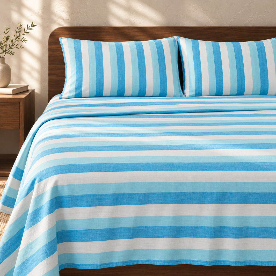Super Soft Handloom Chennimalai King Size Bedspread Light blue with matching pillow covers, square bedroom photograph