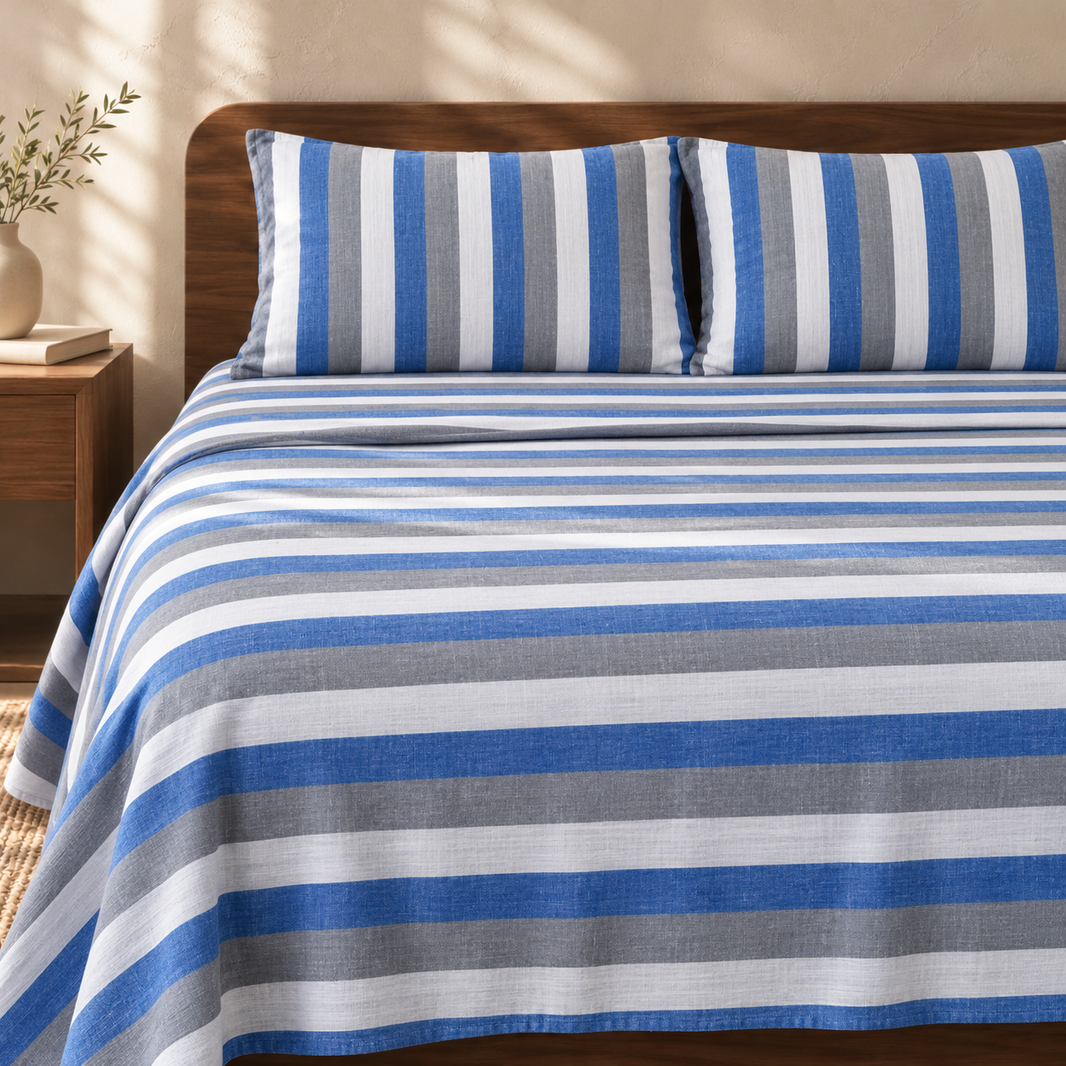 Super Soft Handloom Chennimalai King Size Bedspread Blue and Grey Stripe with matching pillow covers, square bedroom photograph