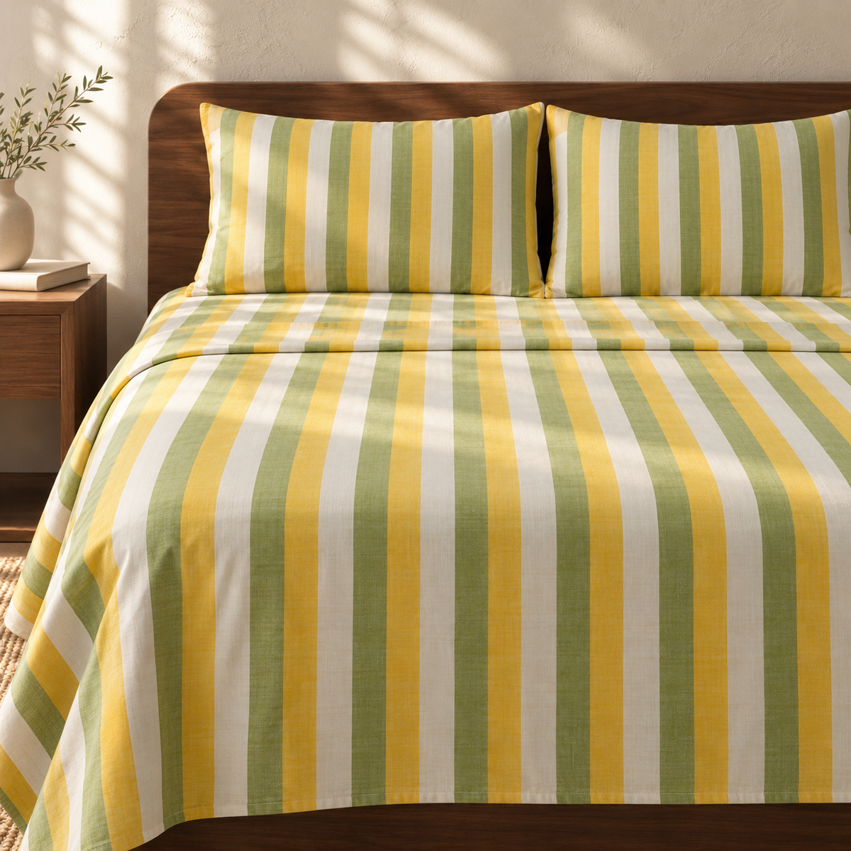 Super Soft Handloom Chennimalai  Super King Size Bedspread Yellow and Green with matching pillow covers, square bedroom photograph