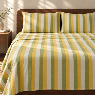 Super Soft Handloom Chennimalai  Super King Size Bedspread Yellow and Green with matching pillow covers, square bedroom photograph