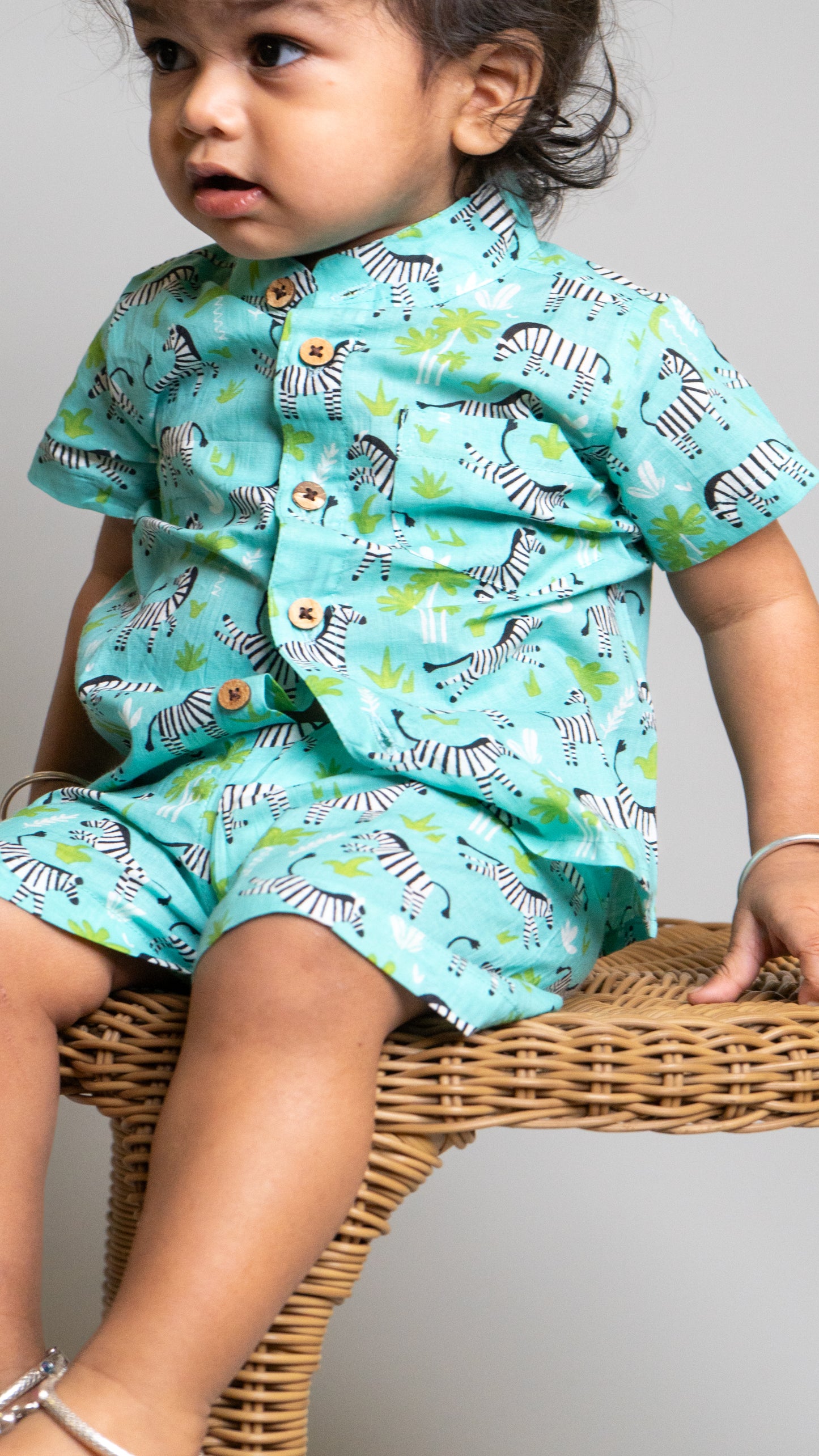 Green Zebra Print Cotton shirt and shorts set