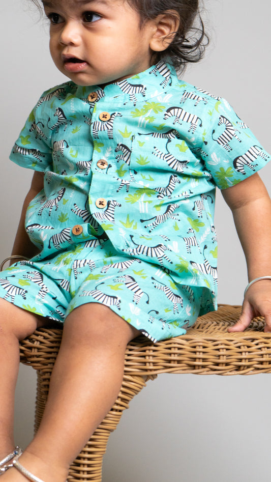 Green Zebra Print Cotton shirt and shorts set