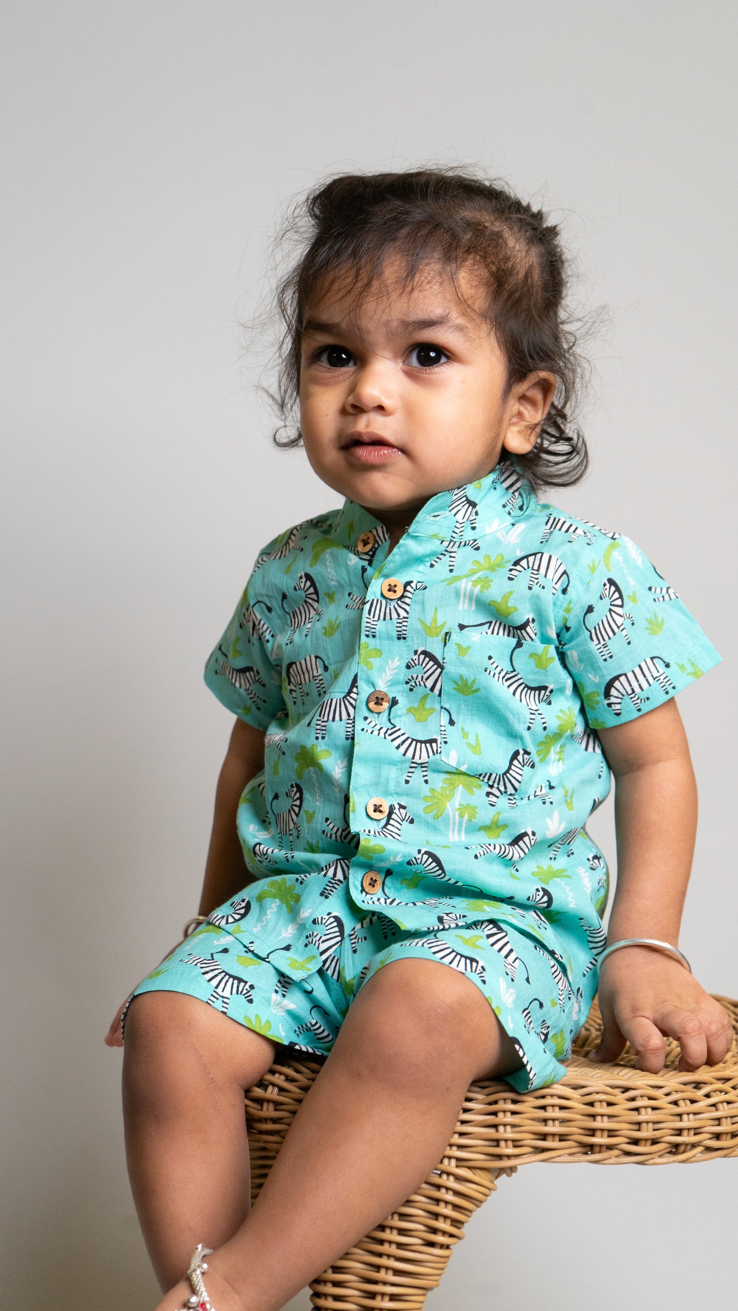Green Zebra Print Cotton shirt and shorts set