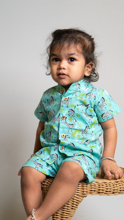 Green Zebra Print Cotton shirt and shorts set