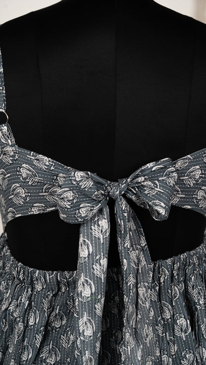 Grey Ikat Print Cotton Tie-Back Dress