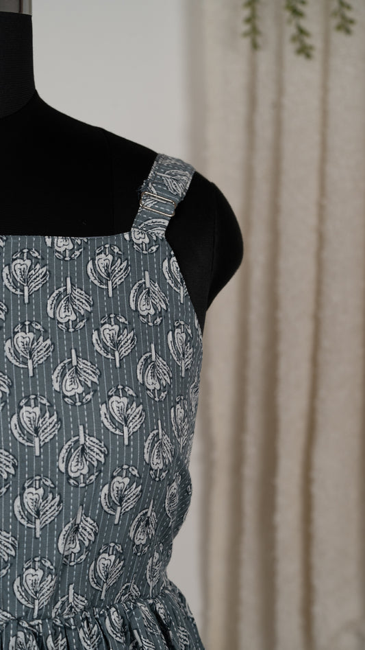Grey Ikat Print Cotton Tie-Back Dress