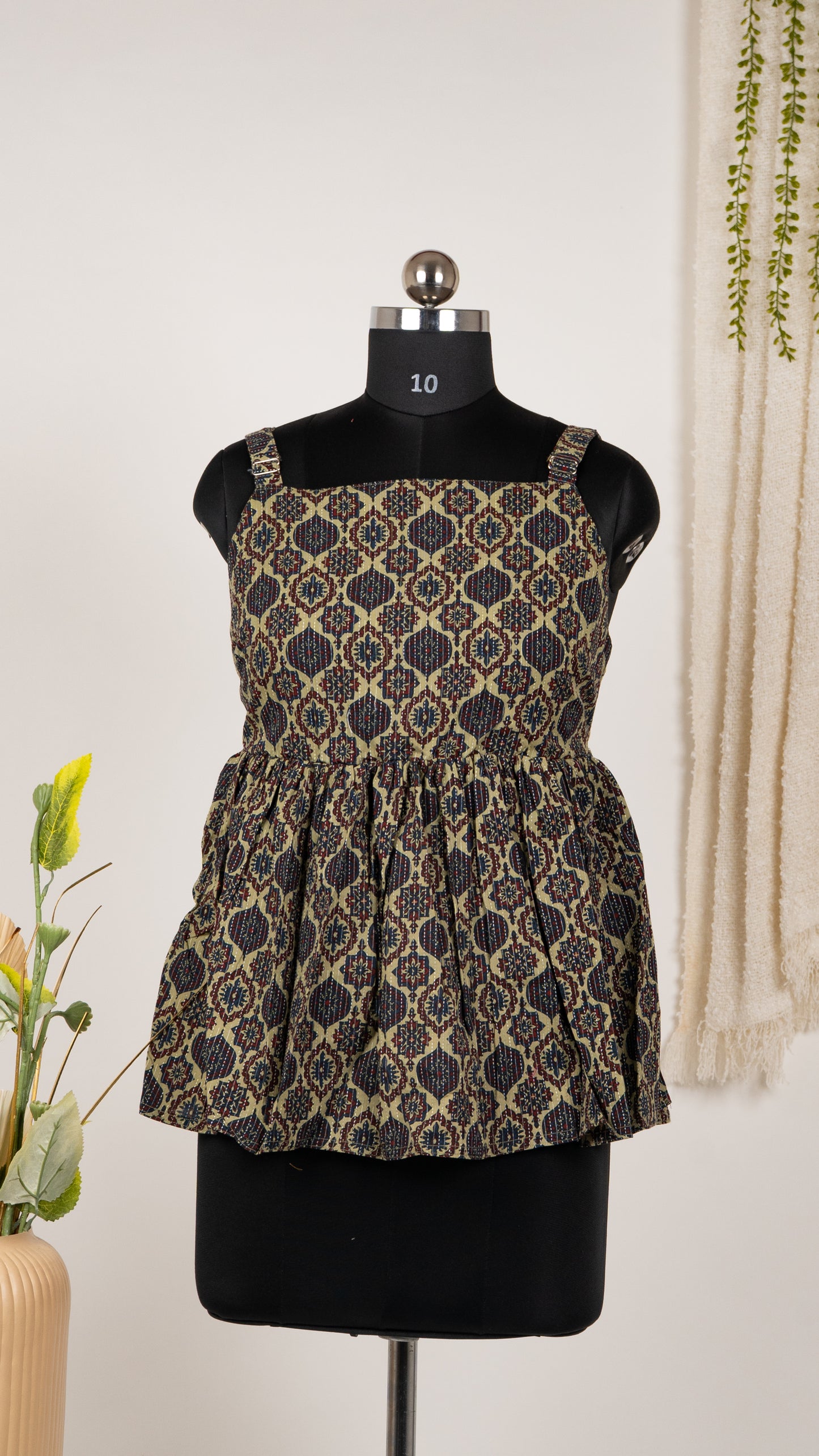 Beige & Navy Ethnic Motif Cotton Tie-Back Dress