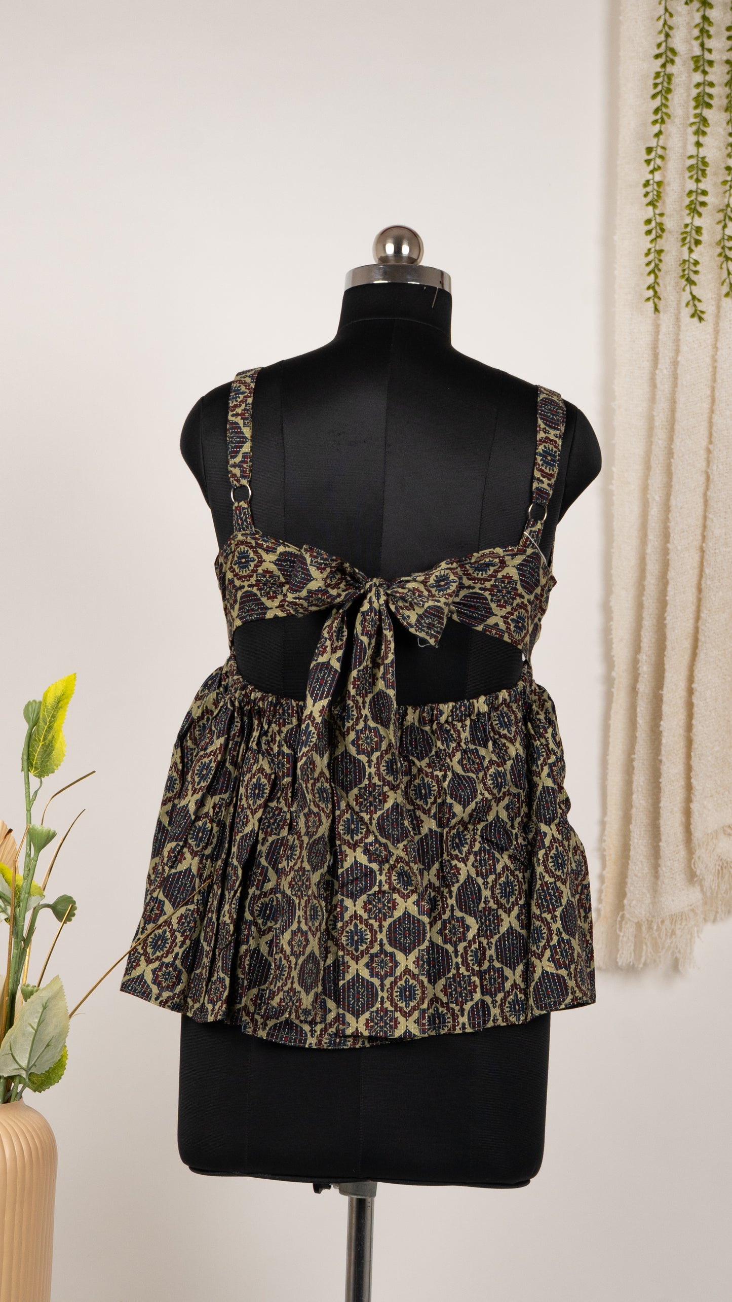 Beige & Navy Ethnic Motif Cotton Tie-Back Dress