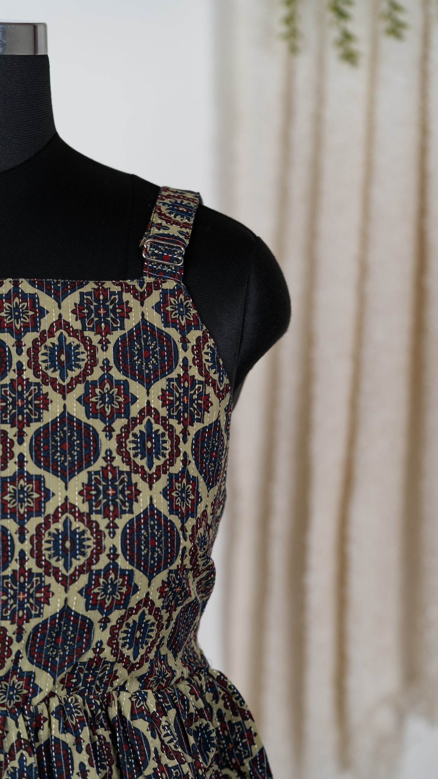 Beige & Navy Ethnic Motif Cotton Tie-Back Dress