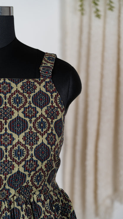 Beige & Navy Ethnic Motif Cotton Tie-Back Dress