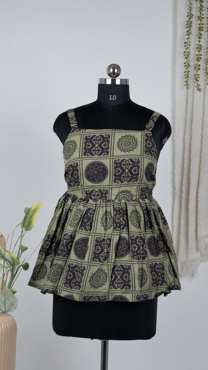 Beige Ajrakh-Inspired Cotton Tie-Back Dress