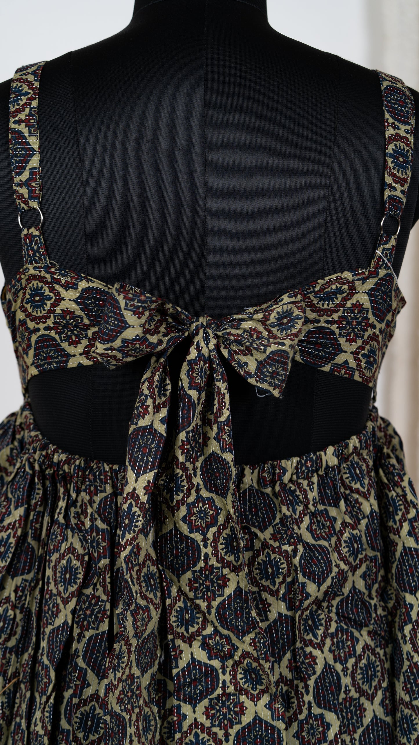 Beige & Navy Ethnic Motif Cotton Tie-Back Dress