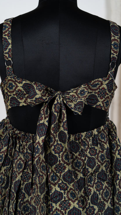 Beige & Navy Ethnic Motif Cotton Tie-Back Dress